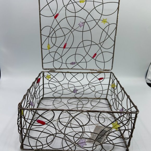 Metal Wire Trinket Organizer Box 7.25" x 7.25" x 3.5" Black Colorful Stars - Picture 4 of 8